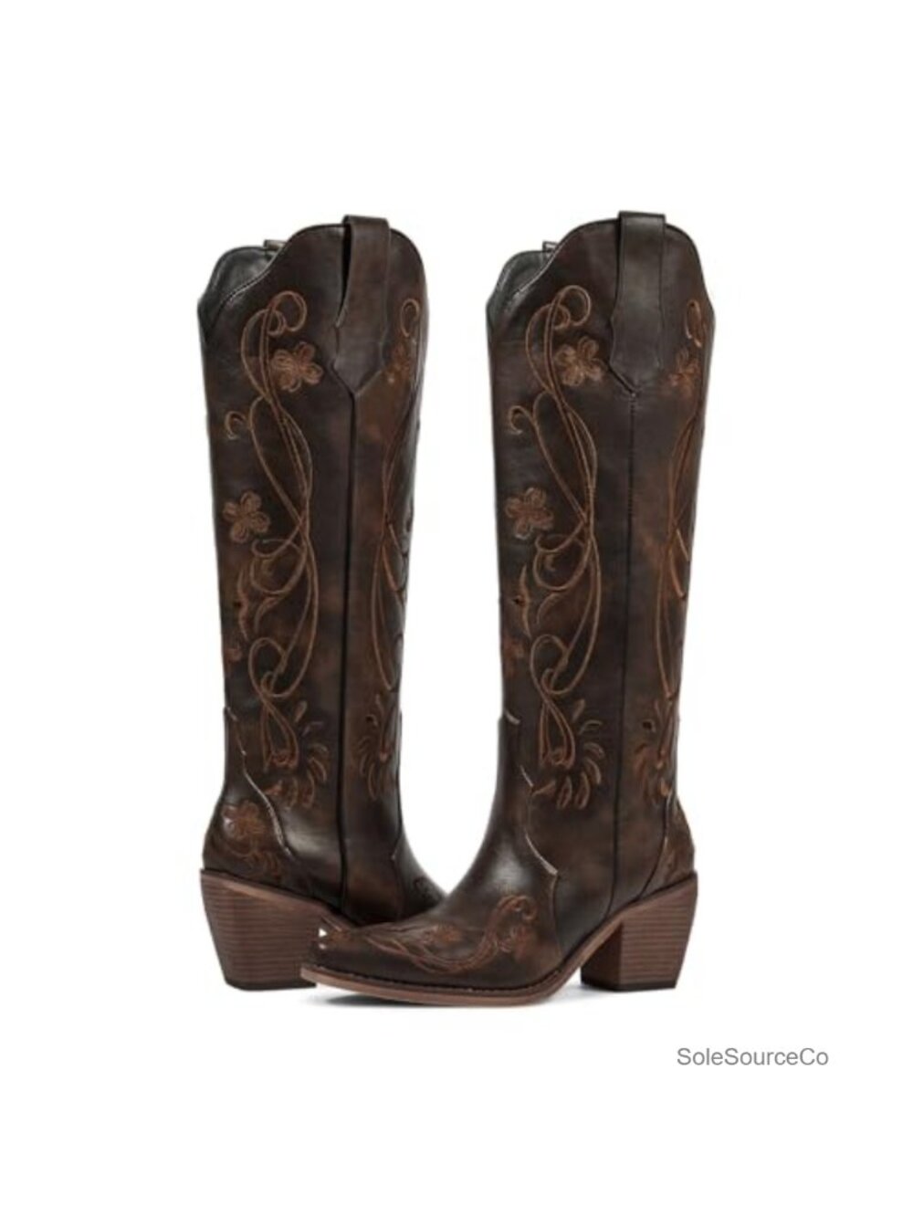 Women's Knee-High Cowboy Boots Faux Leather Embroidered Pointed Toe - Picture 3 of 4